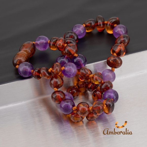 Amberalia Baltic Amber Baby Teething Necklace - Cognac /Amethyst 12.5" - Picture 3 of 6